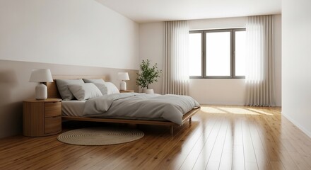 A bright and airy bedroom with a large window, wooden floor, and a comfortable bed.