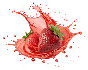 Two ripe strawberries splashing into a vibrant red liquid against a black background