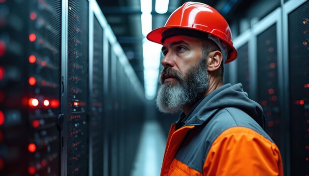 Technician with beard inspects server racks at data center. Man engineer in orange uniform analyzes computing hardware. Specialist with helmet manages digital security system. Data storage service