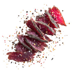 Sliced, cured meat with pepper, arranged against a transparent background
