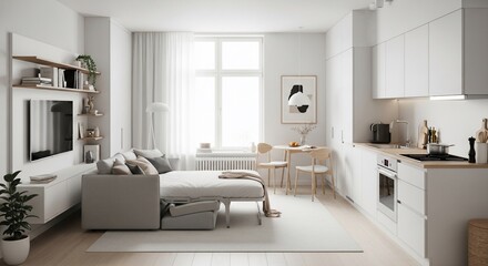 A bright and airy studio apartment with a sofa bed, kitchen, and dining area, bathed in natural light.
