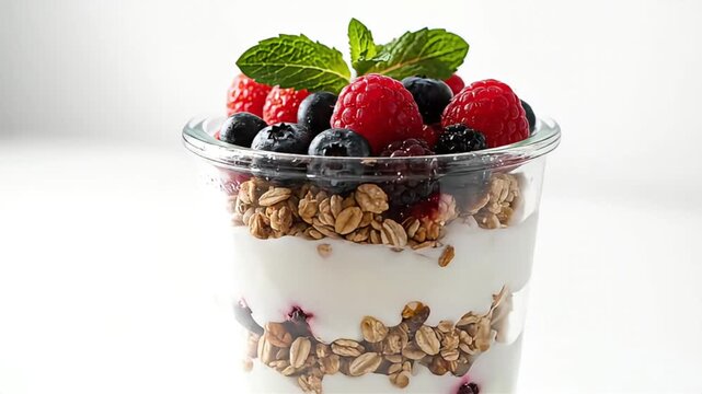 Healthy and Delicious Yogurt Parfait Layered with Fresh Mixed Berries Crunchy Granola and Mint on a Bright White Background Perfect for a Nutritious Breakfast o