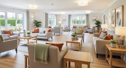 Spacious and well-lit communal lounge area with comfortable seating and elegant decor, perfect for relaxation.