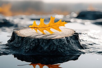 Yellow leaf rests on a tree stump in shallow, reflective water