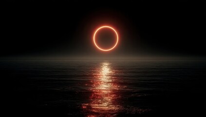Ring glow over dark water, light reflects, deep black sky