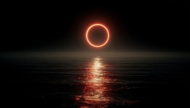 Ring glow over dark water, light reflects, deep black sky