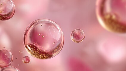 Translucent pink orbs contain golden specks, soft backdrop