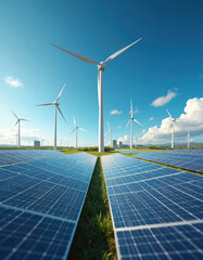 Vast field features many bright solar panels, tall wind turbines. Modern energy generators work together under clear blue sky. Produce clean power for future cities, representing sustainable