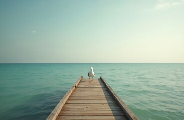 Naklejka premium Single seagull stands on weathered wooden pier reaching into tranquil turquoise ocean waters under pale sky. Bird faces forward, its silhouette stark against serene seascape and clear horizon.