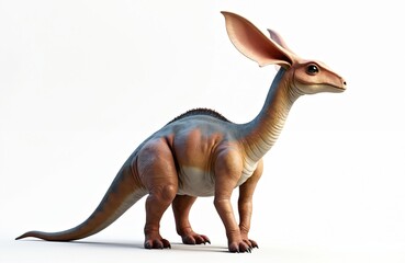 Fototapeta premium Parasaurolophus dinosaur with large ear-like crest stands, its bipedal stance and reptilian features are clear. This creature has a long tail and detailed skin texture. It looks alert and curious.