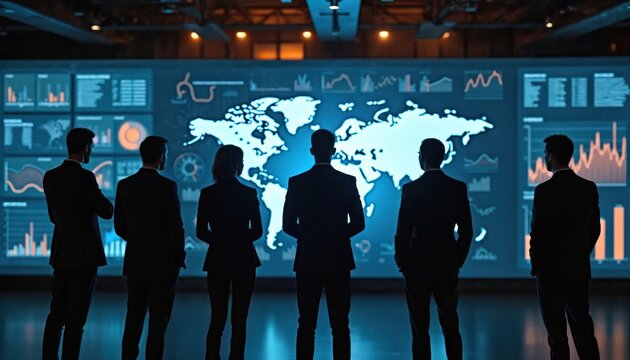 Group of people in suits watch world map and charts on large digital screen. Professionals analyze global data for business strategy. Teamwork, tech, analysis.