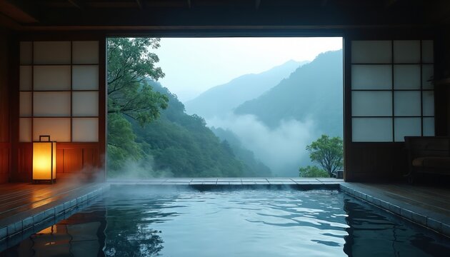 Indoor onsen with mountain landscape view. Steaming outdoor hot spring pool. Japanese spa resort traditional ryokan with scenic valley panorama. Concept travel vacation, healthy lifestyle. Luxury