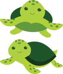 Cartoon Style Adorable Green Sea Turtle Illustration with Smiling Face