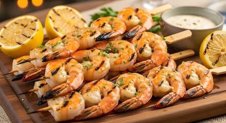 Grilled shrimp skewers with lemon wedges and dipping sauce on a wooden board