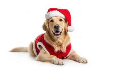 Golden retriever with santa hat isolated on white background