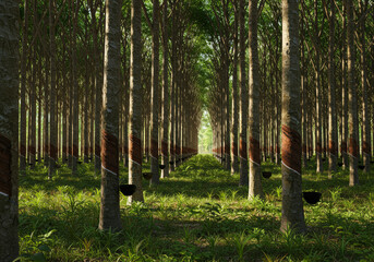 Obraz premium Rubber tree plantation with rows of trees and latex collection cups.