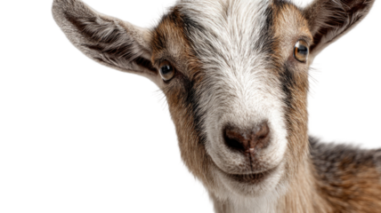 Curious young goat staring directly at camera on clean white background, adorable farm animal portrait with natural expression and detail
