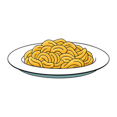 A plate piled high with uncooked pasta strands, neatly arranged and pale in color, ready for boiling and turning into a delicious meal.
