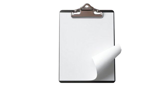 Clipboard holding a blank sheet of paper on clean white background, office stationery concept for document writing and business presentation
