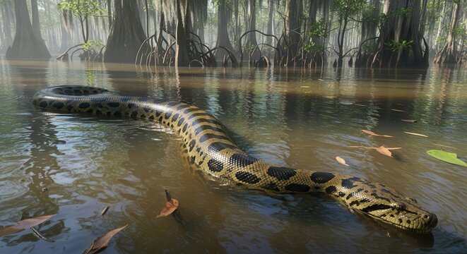 Anaconda swimming in swampy water