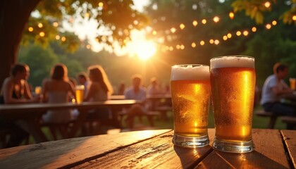 Two cold beer glasses on rustic wooden table. Golden hour sun sets over outdoor bar. String lights illuminate garden patio. Friends relax drinking lager beer. People enjoy evening get together social