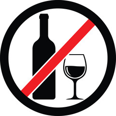 Black bottle and wine glass with red diagonal line inside black circle no alcohol prohibition