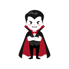 Fototapeta premium Adorable cartoon vampire character stands confidently with arms crossed, perfect for Halloween designs, children's books, and spooky season promotions