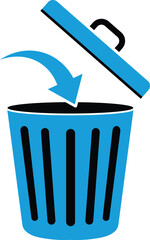 Blue trash can with open lid and downward pointing arrow garbage can waste bin