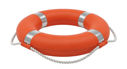 Bright orange life preserver ring with white rope and silver accents safety equipment