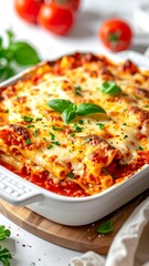 Baked pasta dish with melted cheese and fresh basil on a wooden board