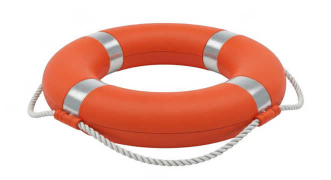 Bright orange life preserver ring with white rope and silver accents safety equipment
