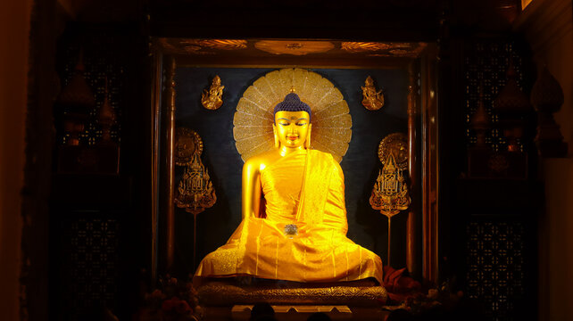 India, Bihar, Bodh Gaya, The Main Statue of Lord Buddha in Mahabodhi Temple, The Sacred Buddhist Place.