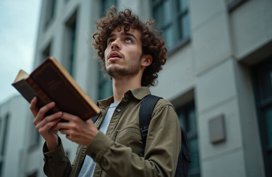 Young man with curly hair reads religious text outdoors. He holds open book looking up at sky. Person studies old bible in front of building. Religious student contemplates.
