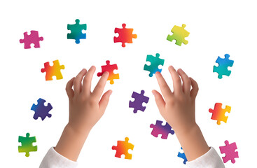 Child's Hand Reaching for Colorful Rainbow Puzzle Pieces isolated on a transparent background