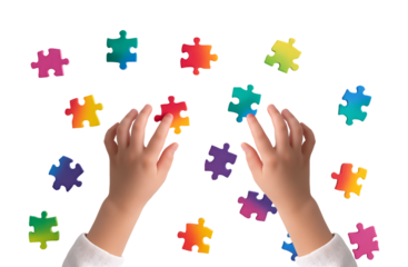 Child's Hand Reaching for Colorful Rainbow Puzzle Pieces isolated on a transparent background