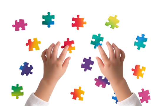 Child's Hand Reaching for Colorful Rainbow Puzzle Pieces isolated on a transparent background