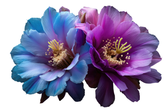 Close-up of two vibrant cactus blossoms. One is blue and the other purple
