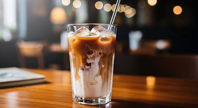 Refreshing Iced Coffee Latte with Milk Cream Swirl in Glass