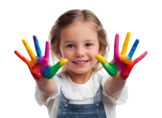 Joyful Little Girl with Colorful Painted Hands isolated on a transparent background