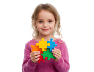 A young girl smiles brightly while showcasing connected colorful puzzle pieces isolated on a transparent background