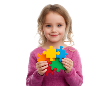 A young girl smiles brightly while showcasing connected colorful puzzle pieces isolated on a transparent background