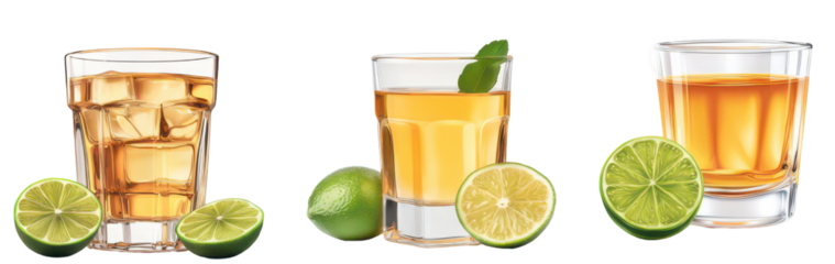 Refreshing Beverage Trio: Three enticing glasses of amber-colored beverages are artfully arranged, each accompanied by fresh, vibrant lime slices.