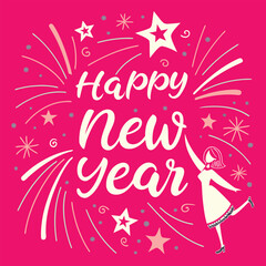 "Happy New Year" typography with stars and glitter on red