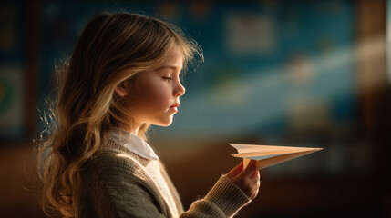 Young girl gazing thoughtfully at paper airplane in classroom light  