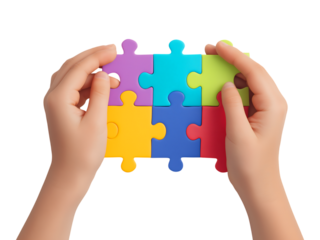 Child's Hands Connecting Brightly Colored Jigsaw Puzzle Pieces isolated on a transparent background