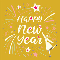 "Happy New Year" typography with stars and glitters on yellow