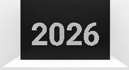 Digital display shows the year 2026 in bright grey pixels on a black background, symbolizing the future.