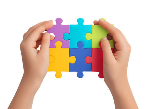 Child's Hands Connecting Brightly Colored Jigsaw Puzzle Pieces isolated on a transparent background