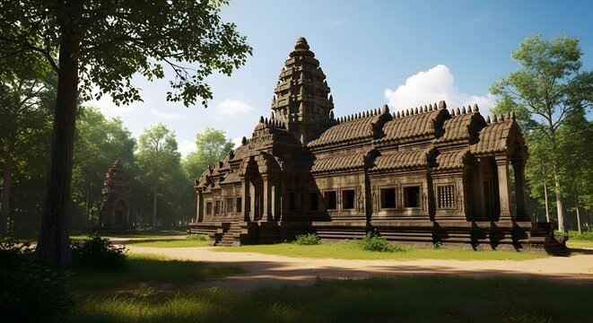 Ancient temple nestled among lush greenery under a bright blue sky