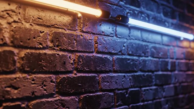 Illuminated brick wall with contrasting neon lights, showcasing texture and depth, camera pans across the scene to reveal vibrant colors and shadows
